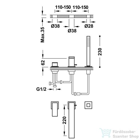 Tres CUADRO EXCLUSIVE kádtöltő csaptelep, acél 00616103AC