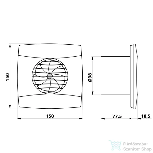 Sapho CATA UC-10 TH fürdőszobai ventilátor, páraérzékelő + utószellőztető, beállítható fordulatszám, 8W, 100mm, fekete (01202200)