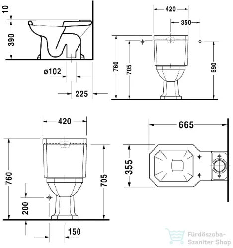 Duravit 1930 Series kombi wc, alsó kifolyással 02270100001 Wondergliss bevonattal,02270100001