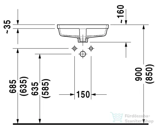Duravit VERO 46,5x35 cm-es alulról beépíthető mosdó Wondergliss bevonattal 03304300001