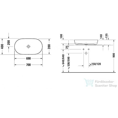 Duravit LUV 700x400 mm-es ráültethető mosdó,fehér 0379700000