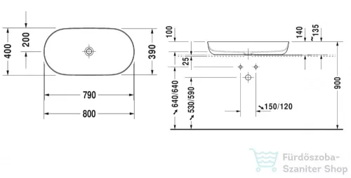 Duravit LUV 800x400 mm-es ráültethető mosdó Wondergliss bevonattal,fehér 03798000001