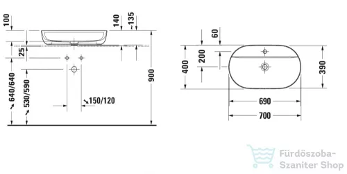 Duravit LUV 700x400 mm-es ráültethető mosdó Wondergliss bevonattal,fehér/szatén fehér matt 03807026001