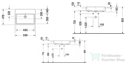 Duravit VERO AIR 550x470 mm-es félig beépíthető mosdó csaplyuk nélkül, 0382550060