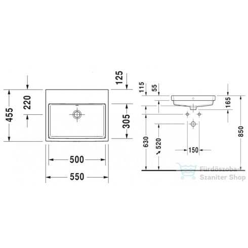 Duravit VERO AIR 550x455 mm-es beépíthető mosdó csaplyuk nélkül, 0383550060