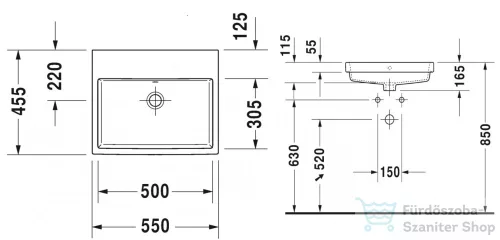 Duravit VERO AIR 550x455 mm-es beépíthető mosdó csaplyuk nélkül, 0383550060