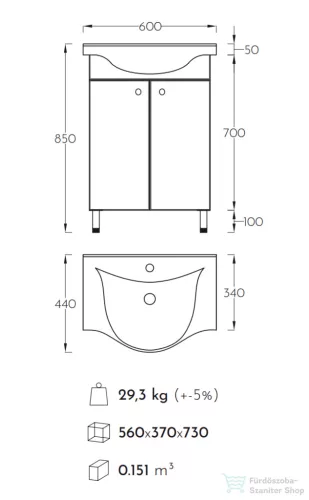 PinoArt Link 60 Magasfényű fehér Lábon álló fürdőszoba bútor, középen felnyíló ajtóval kerámia mosdóval (60*85*44 cm) 0566/100060