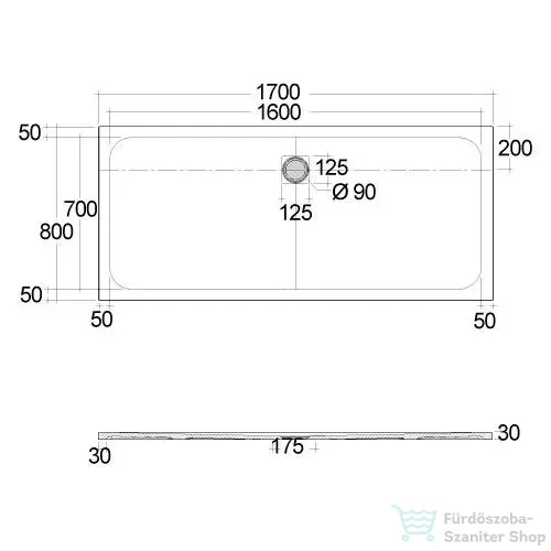 Kludi TERRA 170x80 cm-es RAKSOLID zuhanytálca szifon nélkül, matt fekete 08DW2039