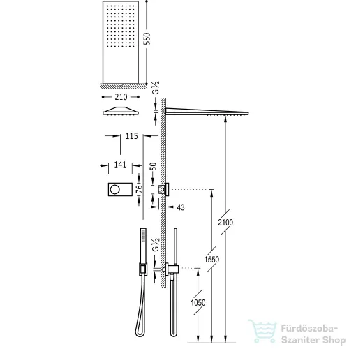 TRES Slim Exclusive Falsík alá építhető Termosztátos Elektromos zuhanycsaptelep, kézizuhannyal, fejzuhannyal, matt fekete 09288551NM