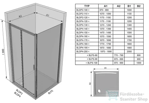 Ravak BLIX BLDP2+BLPS 100x80 cm-es tolóajtós zuhanykabin,króm+transparent 0PVA0C00Z1SET100BLPS80