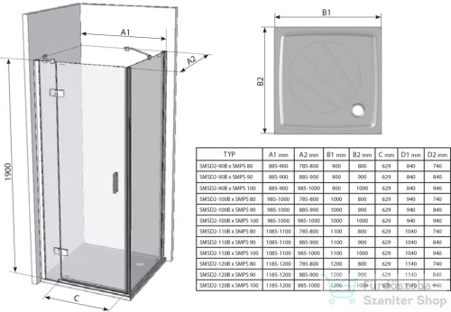Ravak SMARTLINE SMSD2+SMPS 100x80 cm-es nyílóajtós,jobbos zuhanykabin fix oldalfallal,króm/transparent 0SPABA00Z1SET100SMPS80