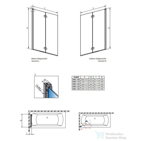 Radaway Nes Black PND I 100 kádparaván fekete balos 10010100-54-01L