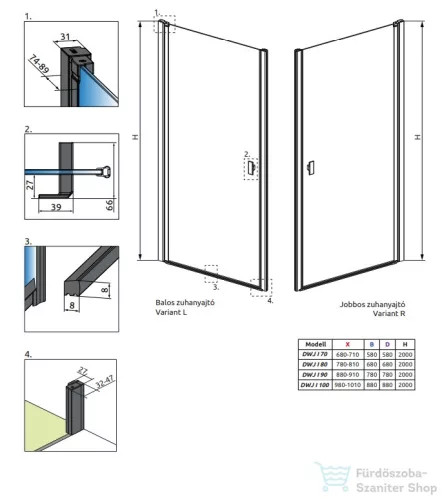 Radaway Nes Black DWJ I Factory 70 zuhanyajtó fekete balos 10026070-54-56L