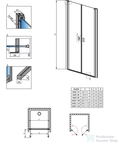 Radaway Nes DWD-I 80 zuhanyajtó, szálcsiszolt fegyvermetál profil, 10027080-92-01
