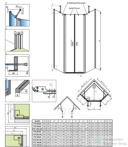 Radaway NES PTD 90x90 szögletes zuhanykabin szálcsiszolt fegyvermetál/átlátszó 10051000-92-01+10051600-92-01