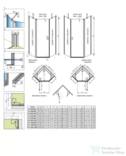 Radaway Nes PTJ 90x90B szögletes zuhanykabin, balos, szálcsiszolt arany 10052000-99-01L+10052900-99-01