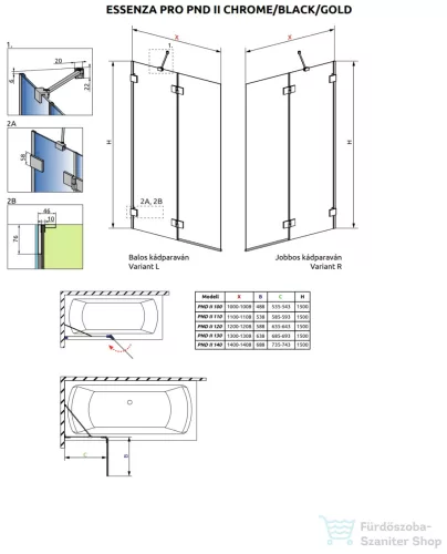 Radaway Essenza Pro PND II 110B balos kádparaván, fekete 10102110-54-01L