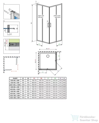 Radaway Premium Pro KDD 80B zuhanykabin balos ajtó része, króm 1017080-01-01L