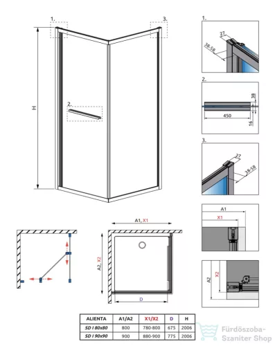 Radaway Alienta Black SD I 80x80 szögletes zuhanykabin, fekete profil 10191880-54-01