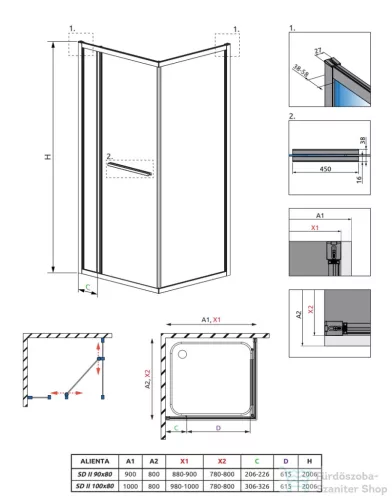 Radaway Alienta Black SD II 90x80 szögletes zuhanykabin, fekete profil 10192980-54-01