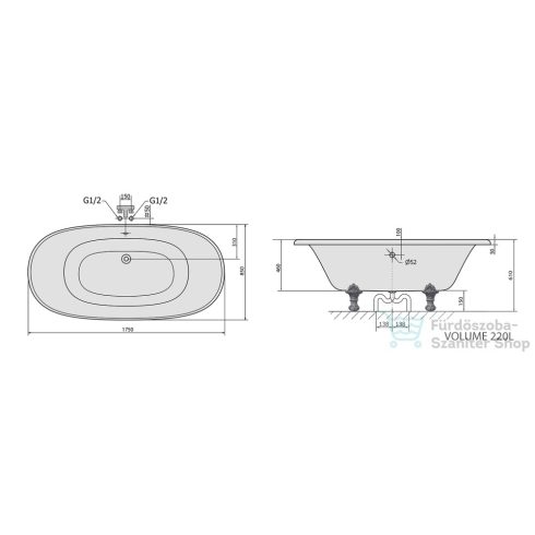 Sapho POLYSAN REGATA szabadonálló kád, 175x85x61cm, fehér lábak (10221)