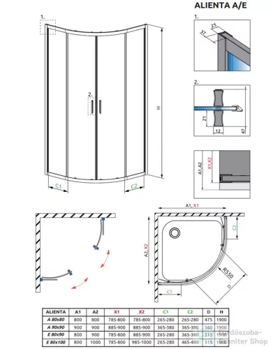 Radaway Alienta Black A 80x80 íves zuhanykabin, fekete profil 10228080-54-01