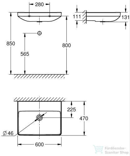 Grohe EURO CERAMIC 60x47 cm-es falra szerelhető mosdó Hyperclean bevonattal, csaplyuk és túlfolyó nélkül, fehér 102416SH00