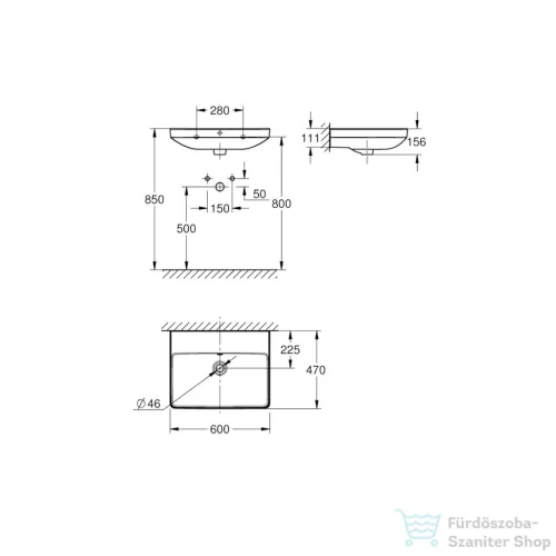 Grohe EURO CERAMIC 60x47 cm-es falra szerelhető mosdó Hyperclean bevonattal, csaplyuk nélkül, fehér 102417SH00