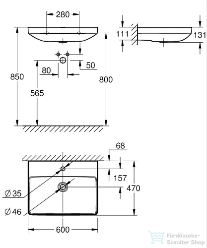 Grohe EURO CERAMIC 60x47 cm-es falra szerelhető mosdó Hyperclean bevonattal, túlfolyó nélkül, fehér 102418SH00