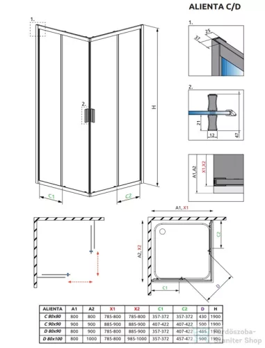 Radaway Alienta D 80x90 szögletes zuhanykabin, króm profil 10258090-01-01