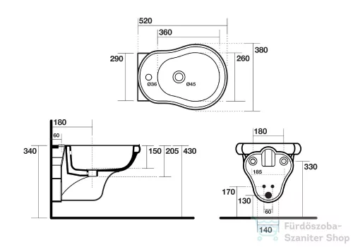 Sapho KERASAN RETRO fali bidé, 1 furattal, 38x52cm, matt fekete (102631)