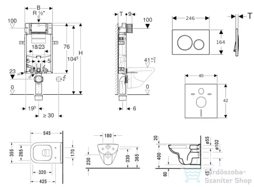 Geberit Kombifix falra szerelhető WC szett, Duravit D-Code rimless WC soft close ülőkével, Geberit Sigma 20 fehér/króm nyomólappal 10302005NH4