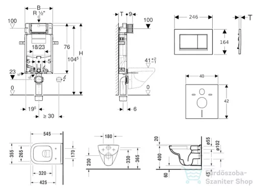 Geberit Kombifix falra szerelhető WC szett, Duravit D-Code rimless WC soft close ülőkével, Geberit Sigma 30 fényes/matt króm nyomólappal 10302005NH6