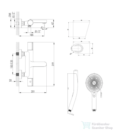 Kielle Oudee termosztátos kádtöltő csaptelep, zuhanyszettel, króm 10302SNT30