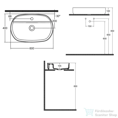 Sapho INFINITY Sintesi kerámiamosdó, 60x40cm, strip fehér (10SI65060)