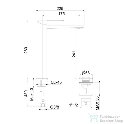 Sapho LATUS magasított mosdócsaptelep leeresztő nélkül, matt fekete (1102-04B)
