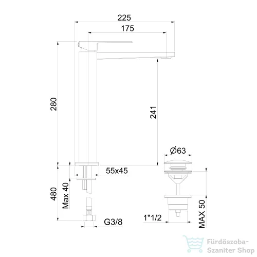 Sapho LATUS magasított mosdócsaptelep leeresztő nélkül, matt fekete (1102-04B)