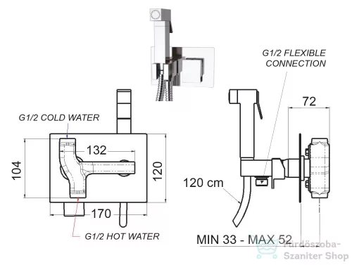 Sapho LATUS falsík alatti csaptelep bidet zuhannyal, szögletes, króm 1102-07
