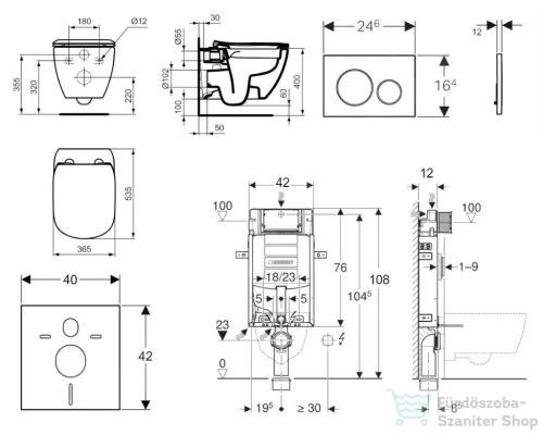 Geberit Kombifix falra szerelhető WC szett, Ideal Standard Tesi Wc soft close ülőkével, Sigma 20 fehér/króm nyomólappal 110302005NE4
