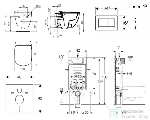 Geberit Kombifix falra szerelhető WC szett, Ideal Standard Tesi Wc soft close ülőkével, Sigma 30 fényes/matt króm nyomólappal 110302005NE6