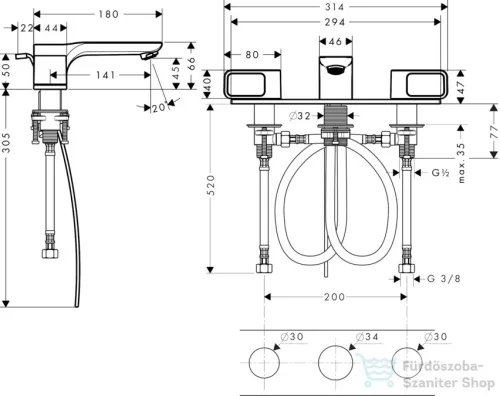 Hansgrohe AXOR URQUIOLA 3-lyukú mosdócsaptelep DN15 dekorlappal , automata leeresztővel, króm 11040000