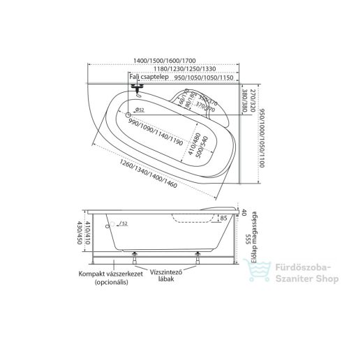 M-Acryl Daria 170x110 cm-es aszimmetrikus kád, jobbos 12004