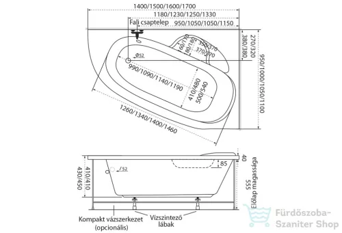 M-Acryl Daria 160x105 cm-es aszimmetrikus kád, balos 12007