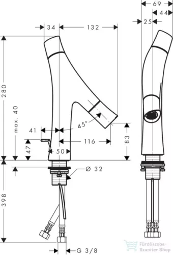 Hansgrohe AXOR STARCK ORGANIC kétkaros mosdó csaptelep 280 DN15, automata leeresztővel, króm 12010000