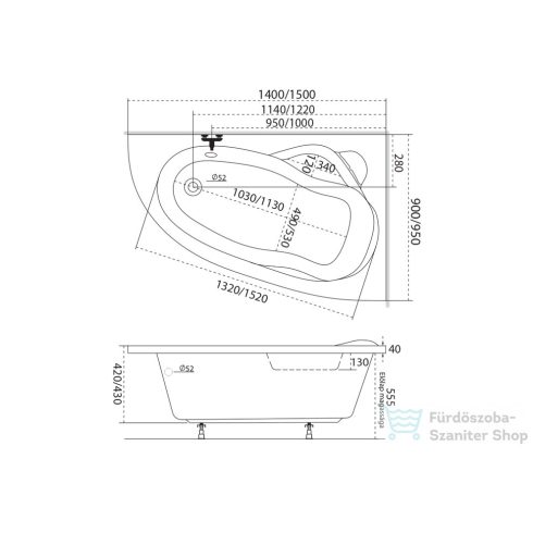 M-Acryl Liza 150x95 cm-es aszimmetrikus kád, balos 12013