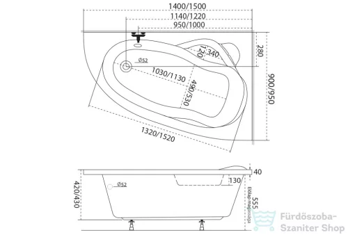 M-Acryl Liza 140x90 cm-es aszimmetrikus kád, balos 12015