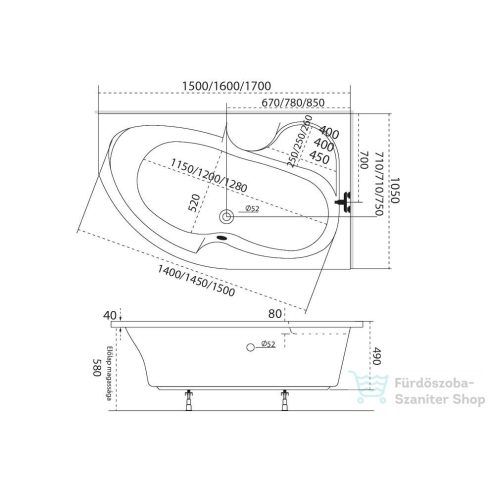 M-Acryl Azalia 160x105 cm-es aszimmetrikus kád, jobbos 12063