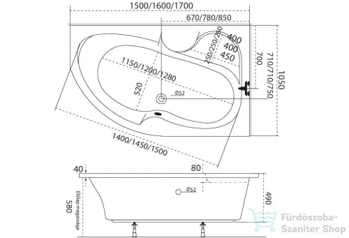 M-Acryl Azalia 170x105 cm-es aszimmetrikus kád, balos 12066