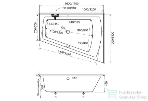 M-Acryl Trinity 160x120 cm-es aszimmetrikus kád, balos 12133