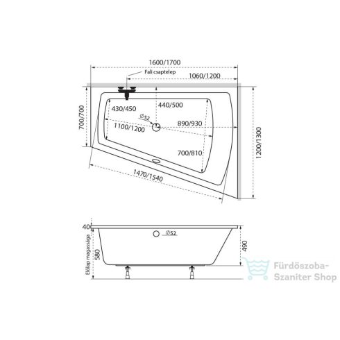 M-Acryl Trinity 170x130 cm-es aszimmetrikus kád, jobbos 12134
